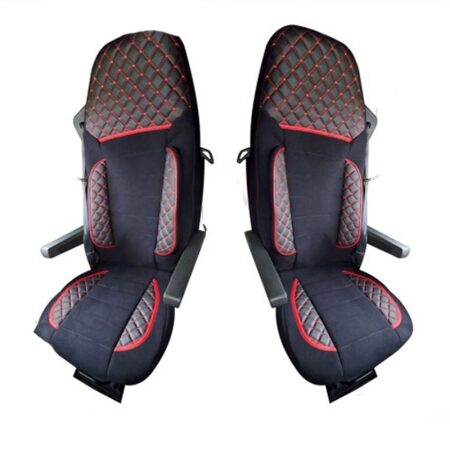 Eco Leather Seat Covers for SCANIA R/G (2005-2012). Black with Red Stitches, Quilted Eco Leather & Suede, Machine Washable