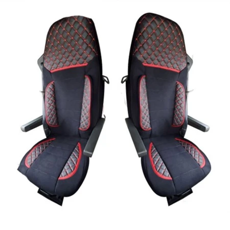 Eco Leather Seat Covers for SCANIA R/G (2005-2012). Black with Red Stitches, Quilted Eco Leather & Suede, Machine Washable