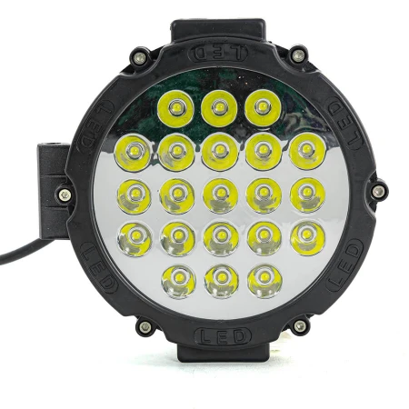 Powerful 63W LED work light bar with 21 Epistar LEDs, 4380 lumens, 6500K white spot beam. IP67 
