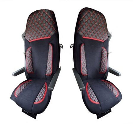 Eco Leather Seat Covers for DAF XF 105 Euro 5 (2004-2013). Black with Red Stitches, Quilted Eco Leather & Suede, Machine Washable