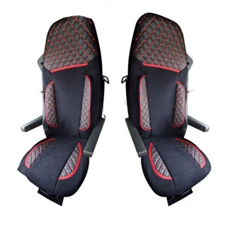 Eco Leather Seat Covers for DAF XF 105 Euro 5 (2004-2013). Black with Red Stitches, Quilted Eco Leather & Suede, Machine Washable