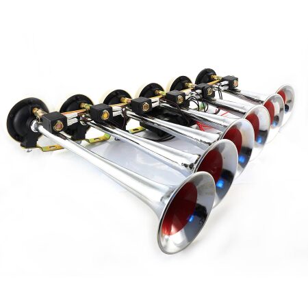 Six Trumpet Air Horn - Chrome Finish DC 12/24V Horn for Trucks, Tractors, Boats & Yachts | Powerful Sound