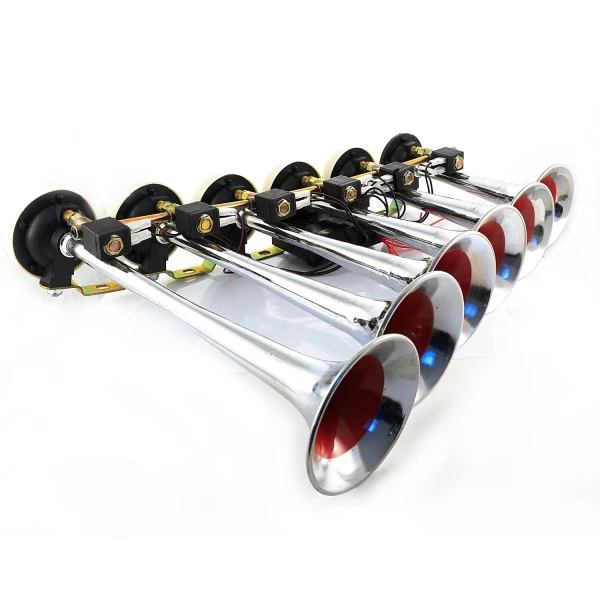 Six Trumpet Air Horn - Chrome Finish DC 12/24V Horn for Trucks, Tractors, Boats & Yachts | Powerful Sound