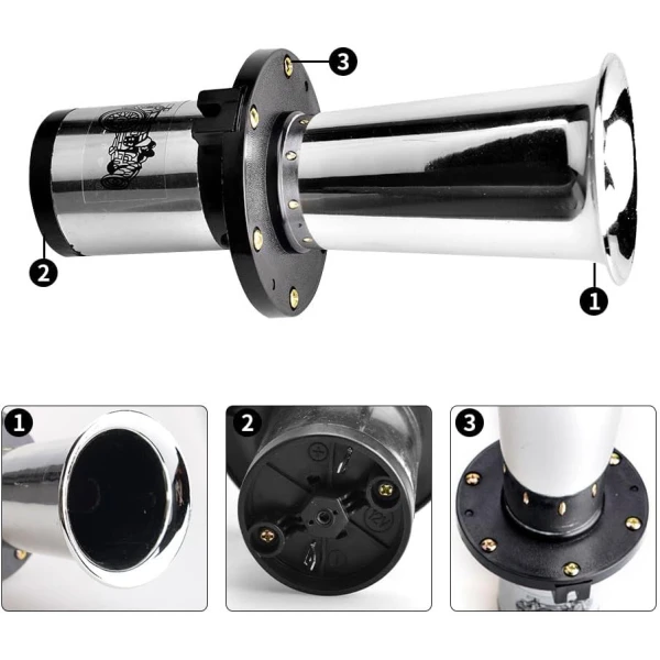 FREE Delivery for UK and Europe! High Quality 12V Air Horn Trumpet– Retro Vintage Chrome Klaxon Horn 110dB with Classic Sound.