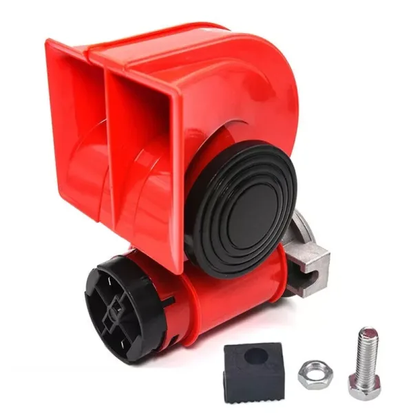 High Quality 12V Twin Tone Air Horn Klaxon – 139dB Loud Sound, Red, with Integrated Air Compressor. FREE Delivery for UK and Europe!