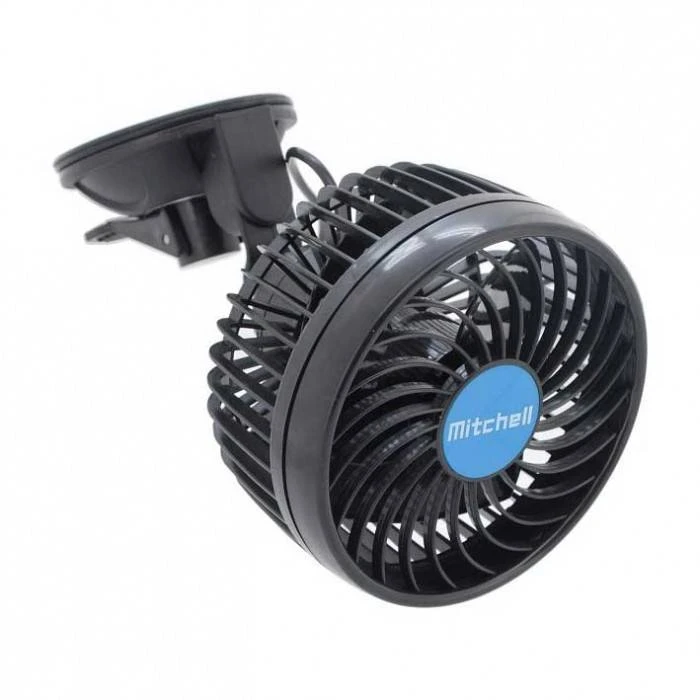 12V Oscillating Fan, 45dB operation, airflow control, LED Switch & Adjustable Speed, Suction Mount