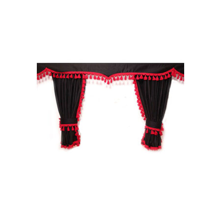 Large Truck Curtains, Black Double Fabric with Red Fringe for Full Cabin Coverage (Fits MAN, Mercedes, Scania, DAF, Volvo, Renault)