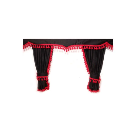 Large Truck Curtains, Black Double Fabric with Red Fringe for Full Cabin Coverage (Fits MAN, Mercedes, Scania, DAF, Volvo, Renault)