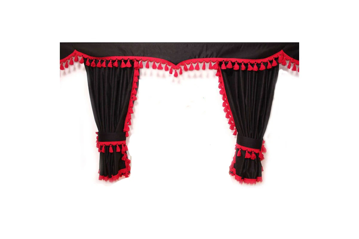 Large Truck Curtains, Black Double Fabric with Red Fringe for Full Cabin Coverage (Fits MAN, Mercedes, Scania, DAF, Volvo, Renault)