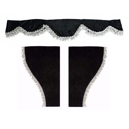 Black Plush Velvet Curtains Set with White Tassels for Trucks | Front Windscreen & Side Door Windows