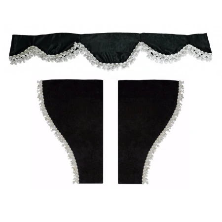 Black Plush Velvet Curtains Set with White Tassels for Trucks | Front Windscreen & Side Door Windows