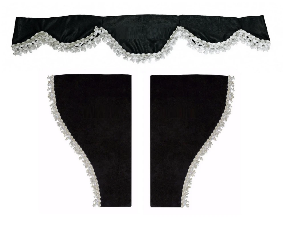 Black Plush Velvet Curtains Set with White Tassels for Trucks | Front Windscreen & Side Door Windows