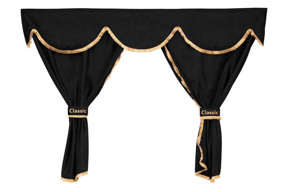Black Curtains for Renault T Sleeper Cab, Full 7 pcs Truck Set with Pillow and Fringe Trim