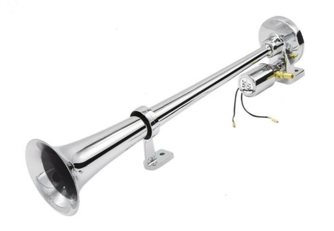 24V Air Horn – Chrome Finished 130dB Single Trumpet for Truck, Lorry, Van, Bus, Tractor, Tipper, etc.