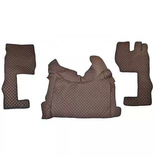 FREE UK Delivery! High Quality Set of 3 pcs Black and Red Stitches Eco Leather Truck Floor Mats for Volvo FH5 (2021+) RHD and Engine Cover.