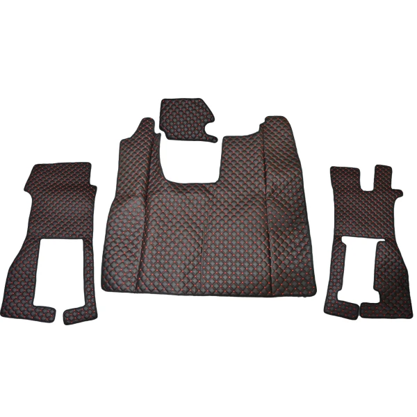 Deluxe Scania R floor mats Black Eco Leather with Red stitches and leather edging. Ardillion co uk