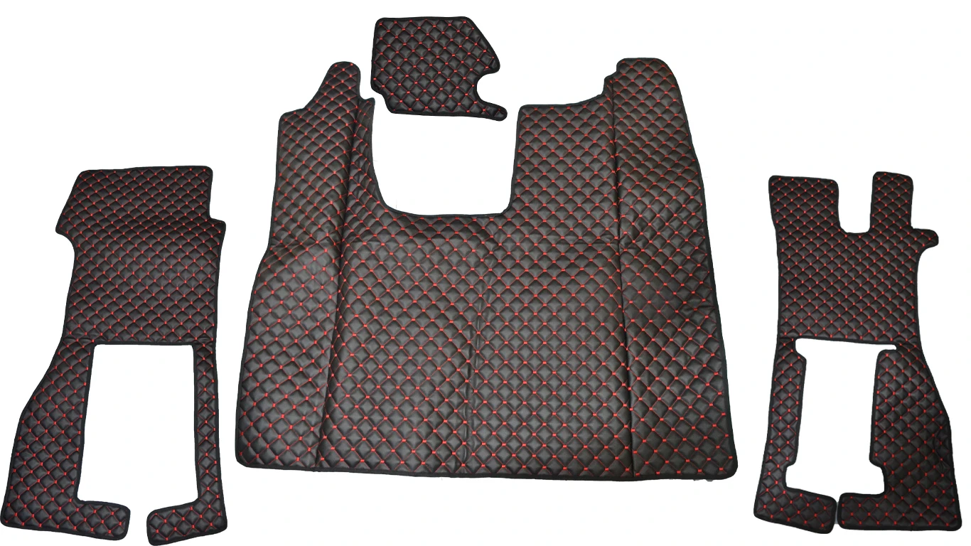 Deluxe Scania R floor mats Black Eco Leather with Red stitches and leather edging. Ardillion co uk