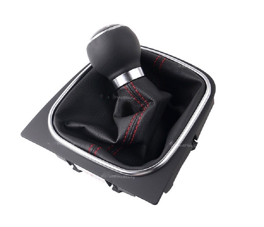Red Seams Gaiter + Black Gear Knob for VW GOLF MK5 Shift Speed Numbers 1-5 + R