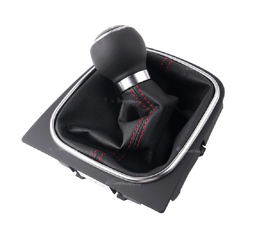 Red Seams Gaiter + Black Gear Knob for VW GOLF MK5 Shift Speed Numbers 1-5 + R