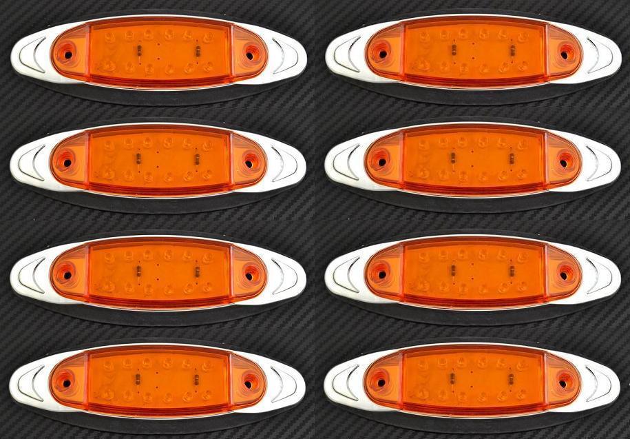 8x 12V LED Amber Chrome Bezel Side Marker Lights 12 LEDs Truck Trailer Chassis