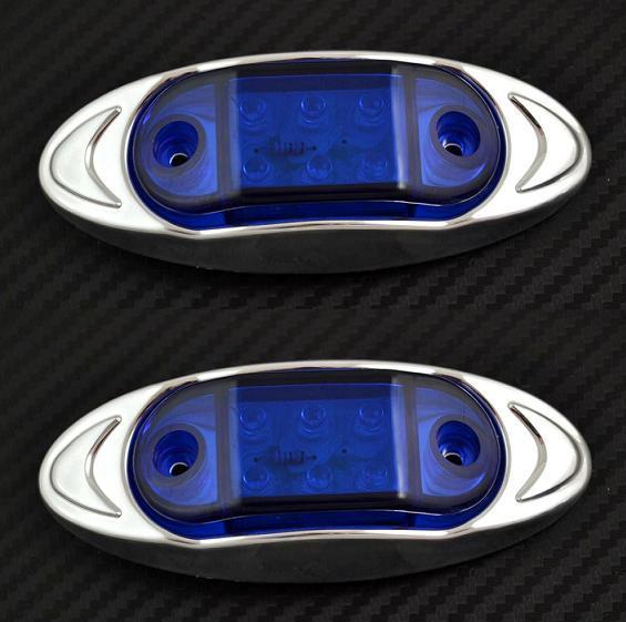 2 pcs Blue 12V LED Side Chrome Oval Marker Lights Truck Car Van Bus ATV Caravan