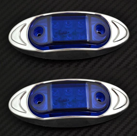 2 pcs Blue 12V LED Side Chrome Oval Marker Lights Truck Car Van Bus ATV Caravan