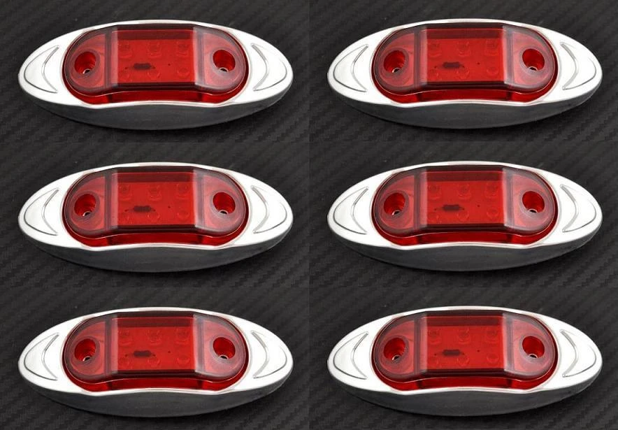 6 pcs Red 24V LED Rear Side Chrome Oval Position Marker Lights Truck Trailer Bus