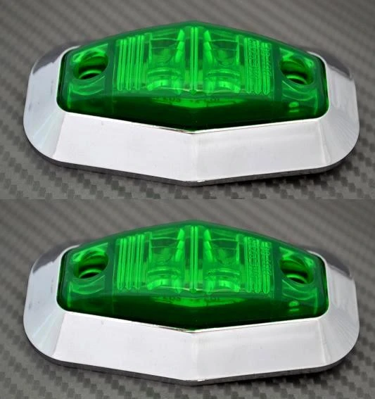 2 pcs Green 12V Side Chrome 2 LED Marker Lights Truck Car Van ATV Camper Caravan