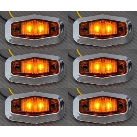 6 pcs 12V Amber Orange Rear Side Chrome 2 LED Marker Lights Car Van Bus ATV Boat