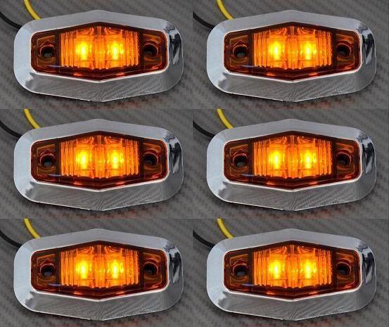 6 pcs 12V Amber Orange Rear Side Chrome 2 LED Marker Lights Car Van Bus ATV Boat