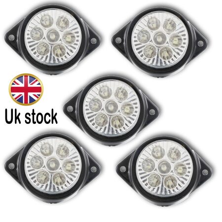 5x LED Front Side Marker Lights – 12V, Clear Lens, Waterproof, Flat Back, SMD 7-LED