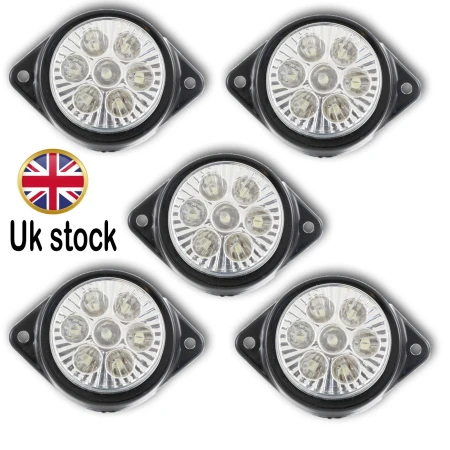 5x LED Front Side Marker Lights – 12V, Clear Lens, Waterproof, Flat Back, SMD 7-LED