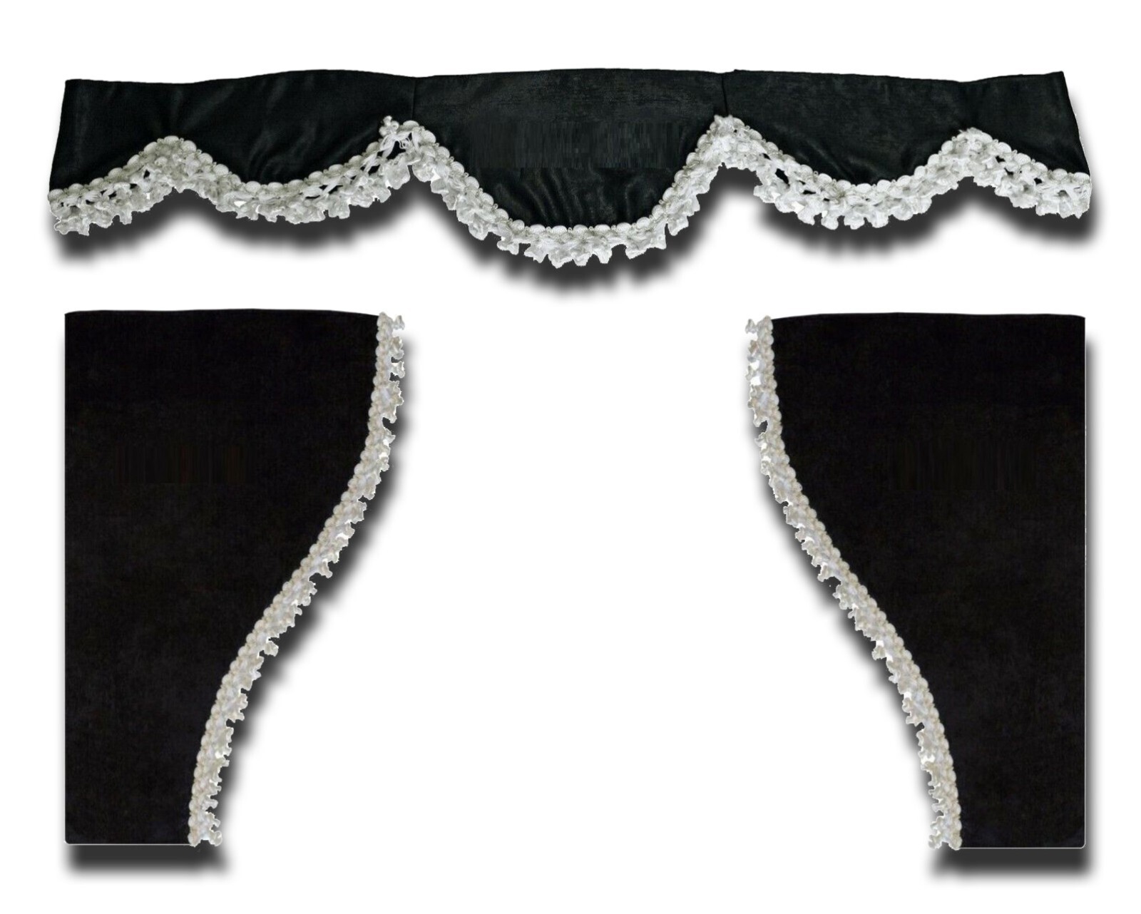 Black Plush Velvet Universal Curtain Set with White Tassels for All Trucks