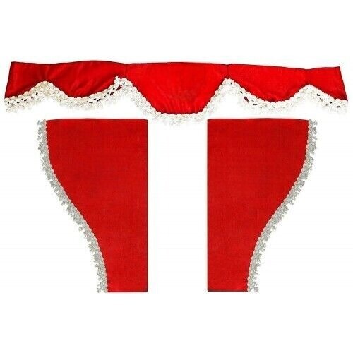 Set of Red Curtains Plush Velvet with White Tassels for all Trucks, Lorries, Tippers