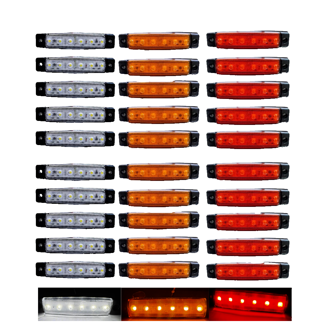 Pack of 30 12V 6-LED Side Marker/Position Lights – White, Yellow & Red for Trucks, Trailers, Van, Bus, Camper, etc.